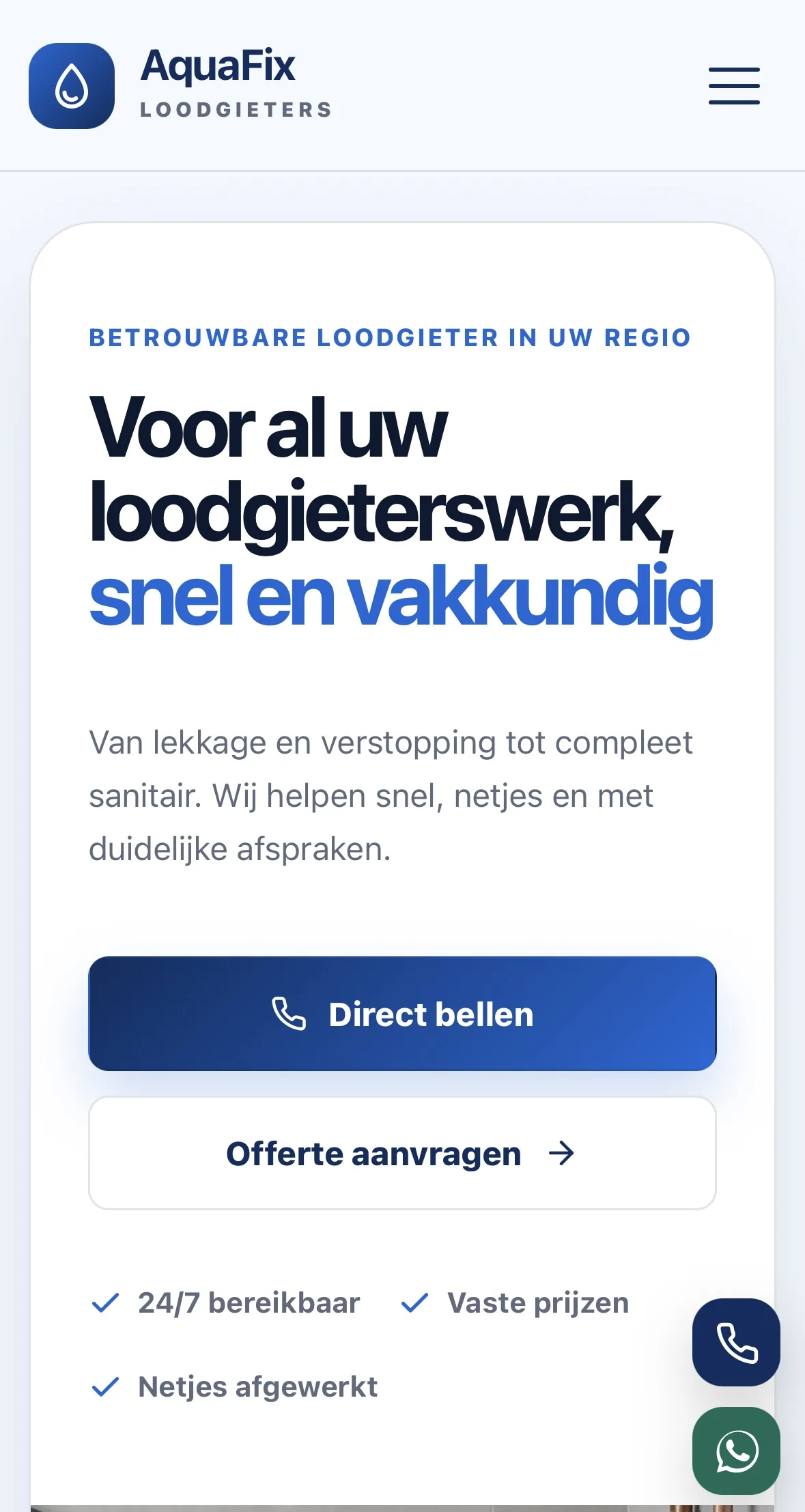Website voor loodgieter laten maken mobiel voorbeeld